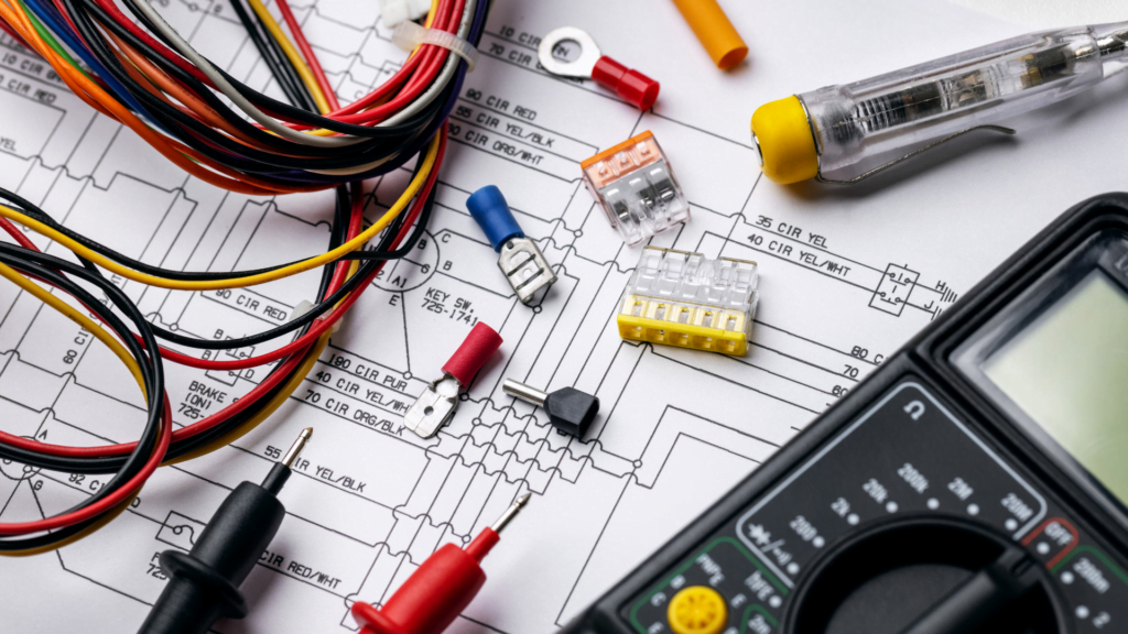 Various electrician's tools, cables, and way-gos on an electrical diagram