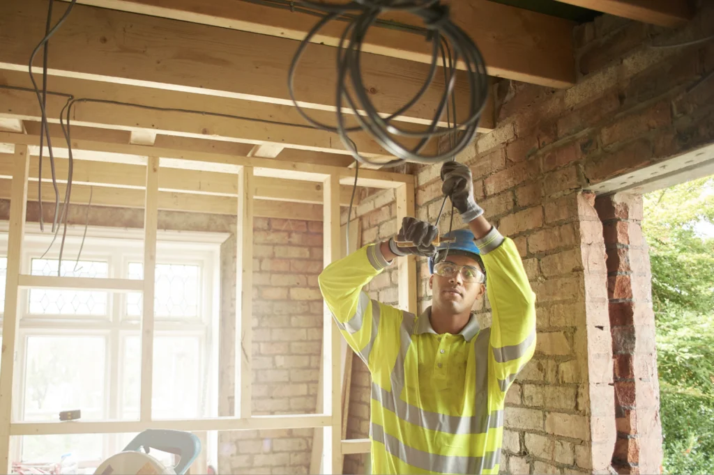 Male electrician in safety gear running electrical cables at a new build property