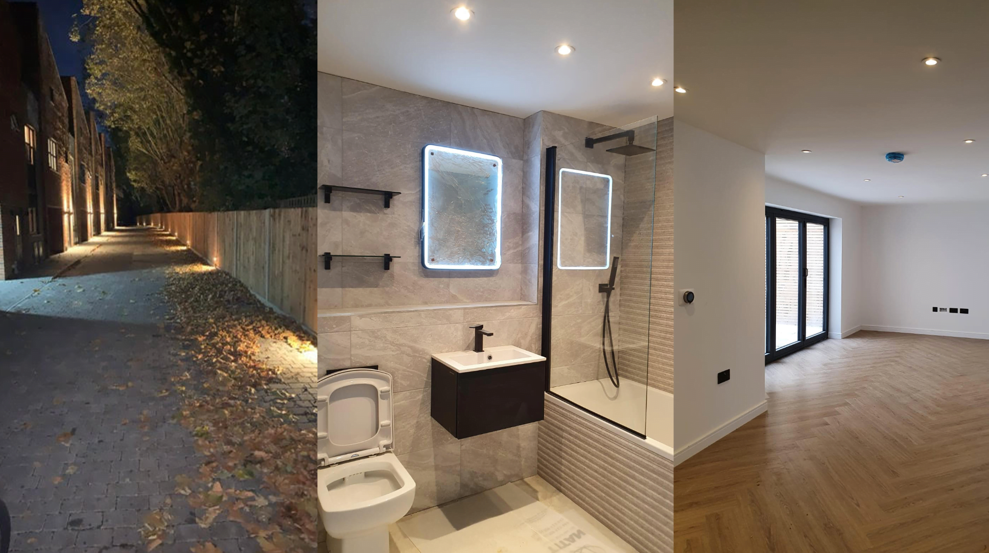 Collage of 3 images (from left to right) - Outdoor lighting for car parking spaces next to a row of new-build homes; A fancy mirror with a ring light around it in a very nice bathroom; Spotlights installed in a new-build property, with a herringbone-patterned wooden floor