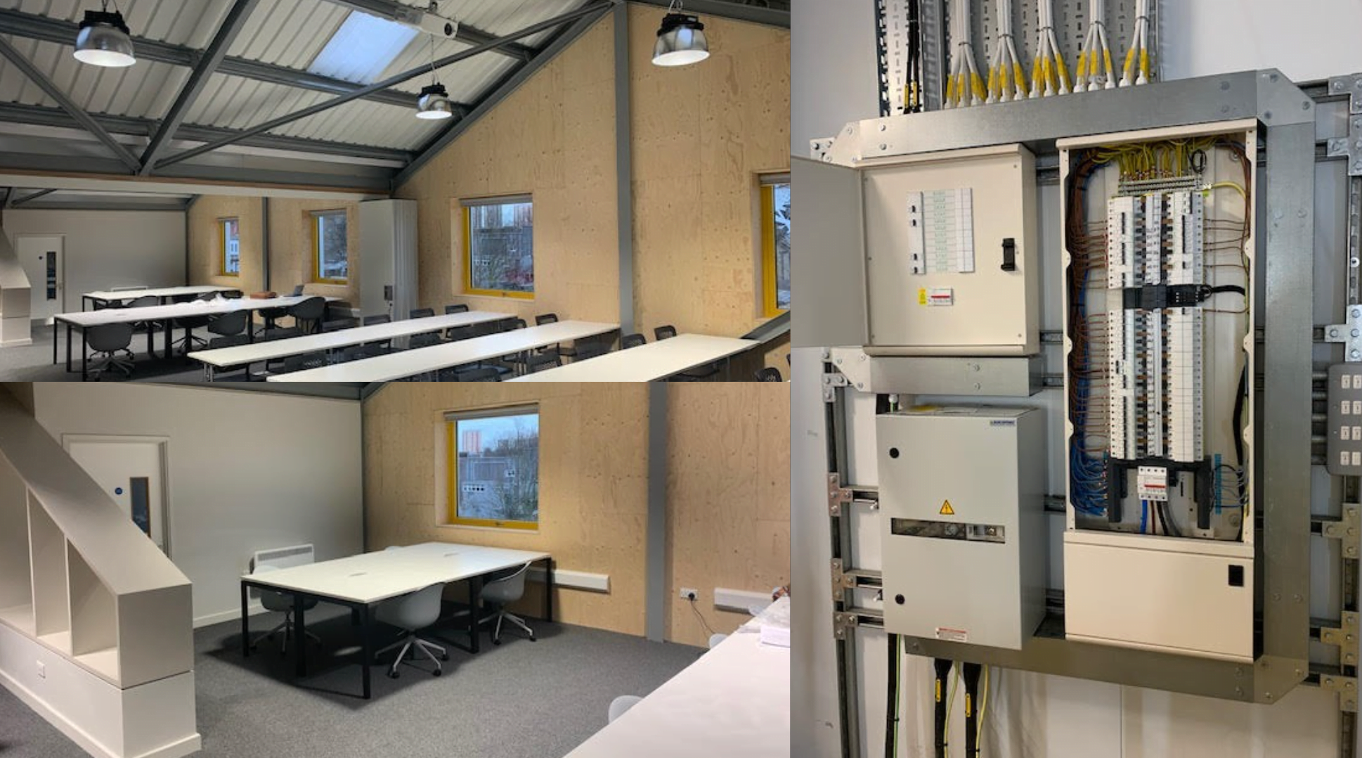 Collage of 3 images (left to right) - Suspended lights over multiple rows of desks in an unfinished office building; Chairs around a table with suspended lights above in an commercial building; A neatly organised circuit breaker for a commercial property.