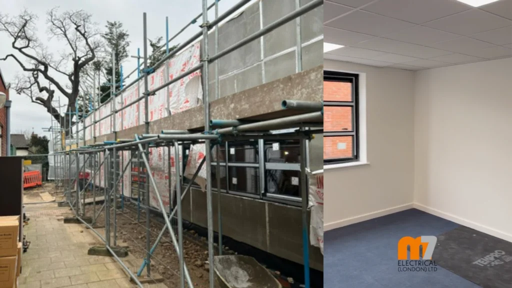 Collage of 2 images (left to right) - New office building with scaffolding surrounding it; Finished office room with suspended ceiling lights.