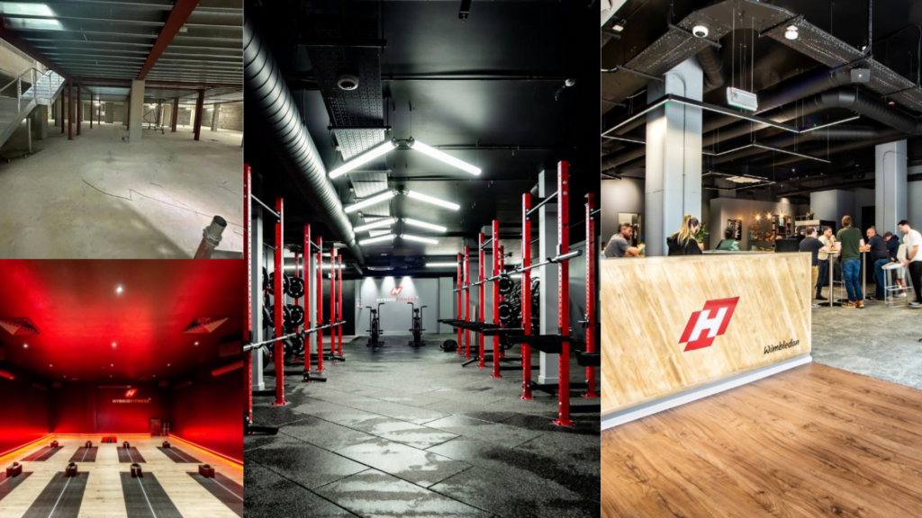 Collage of 4 images from a Commercial Gym Fit Out (left to right) - Electrical installation in a parking area; Gym room illuminated by red floor-level lighting to match the brand's colours; Weightlifting room with LED strip lighting; Reception desks and café with LED lighting above.