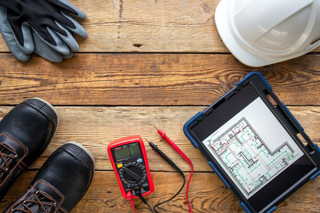 Electrician's tools and PPE used for M7 London's electrical and mechanical services