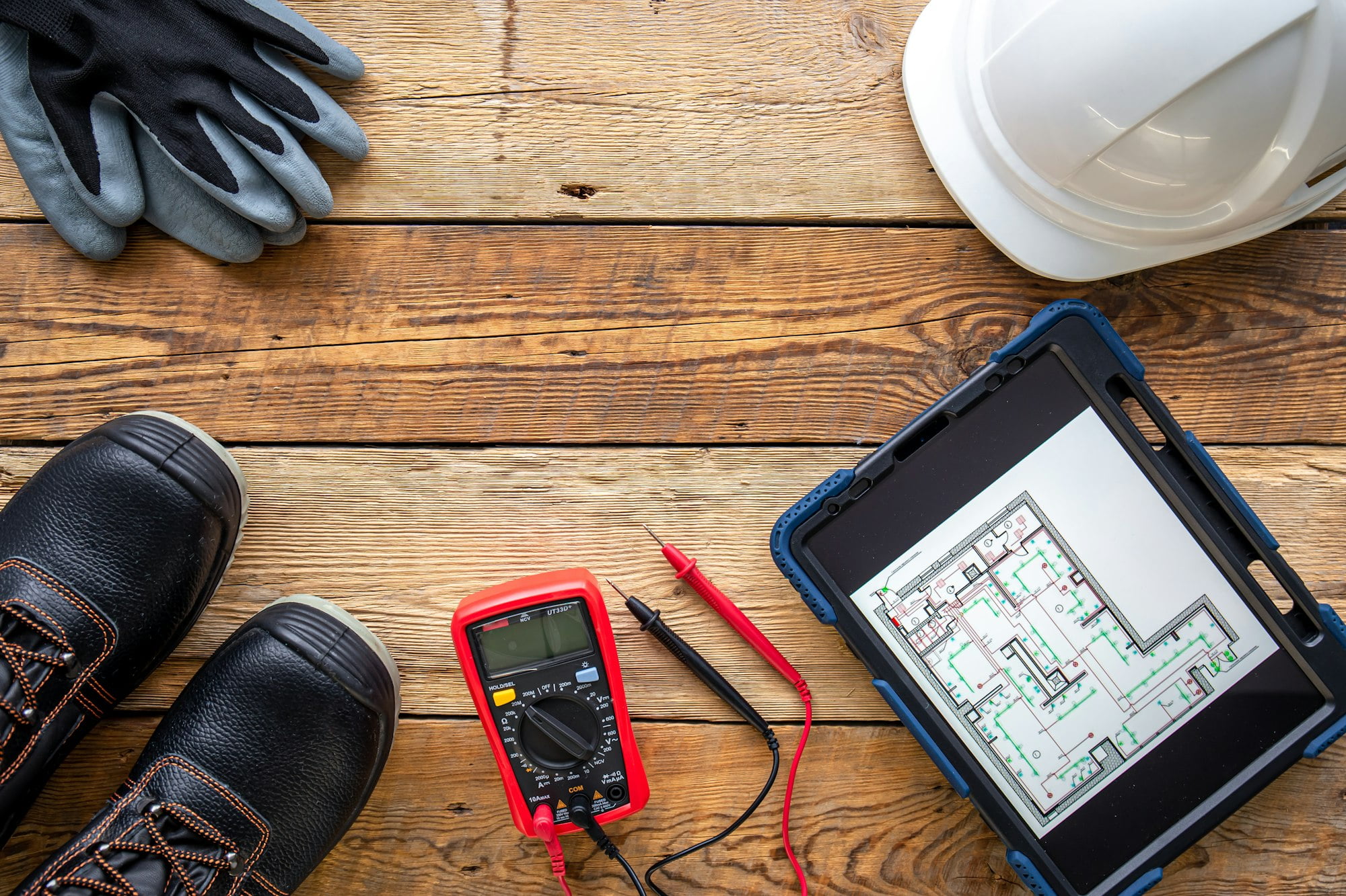 Electrician's tools and PPE used for M7 London's electrical and mechanical services